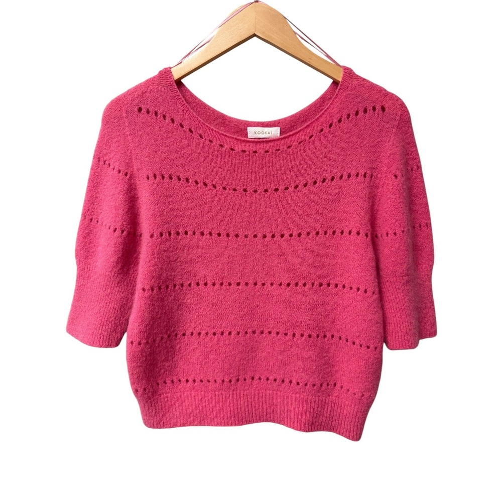 Kookai Mohair Wool Blend Sweater Women 0/XS Pink Pointelle Knitwear Fuzzy EUC